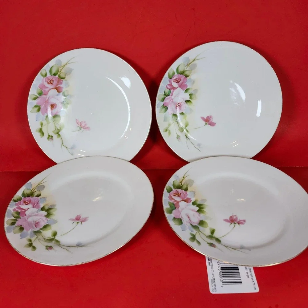 Vintage Hand Painted Nippon Plates Set of 4 Pink Roses Gold Rim Dining‎